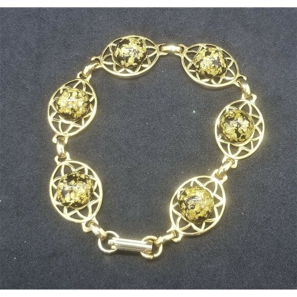 Vintage 50's 60's Black and Gold Metallic Foil Confetti Plastic Lucite Cabochon - Picture 2 of 6